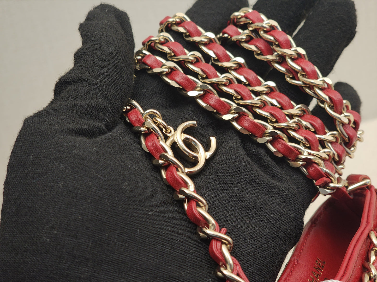 Chanel Red Lambskin Tech Me Out Phone Holder with Chain (LGHW)