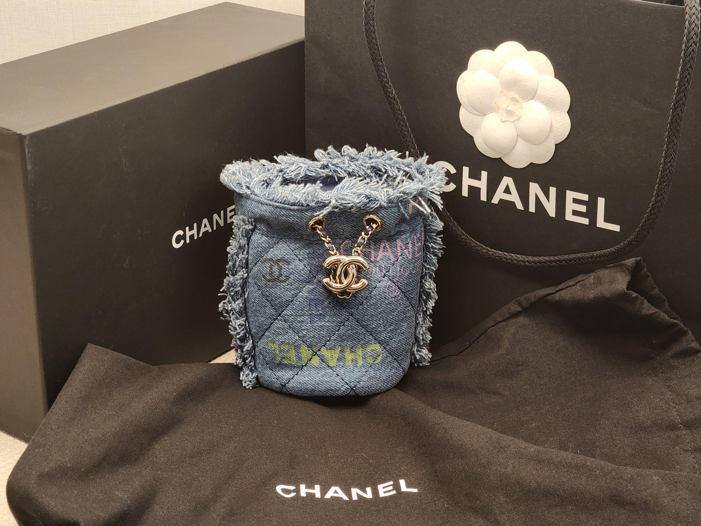Chanel Denim Quilted Mood Mini Bucket Bag (LGHW)