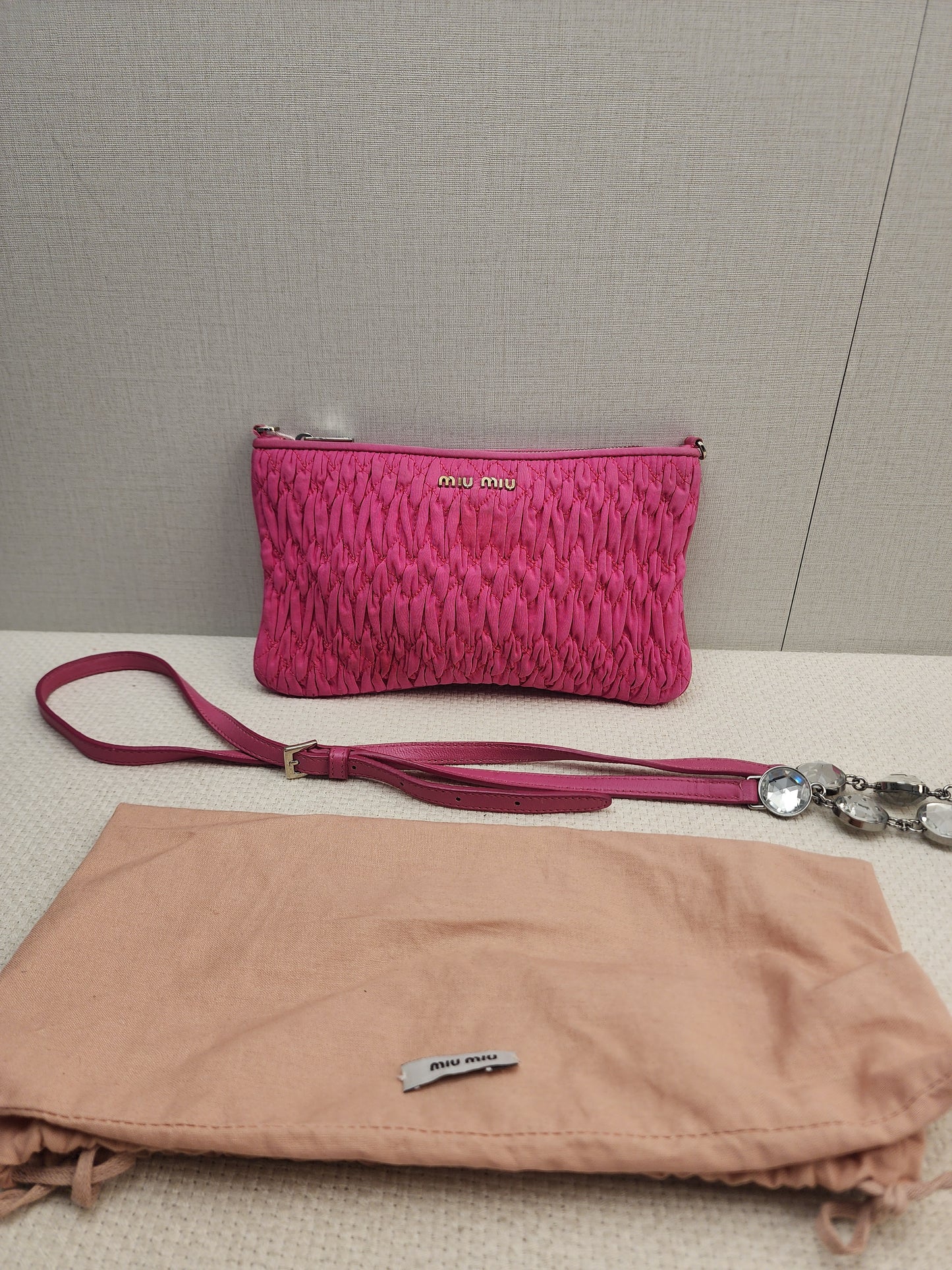 Miu Miu Pink Nylon Matelasse Crystal Chain Crossbody Bag