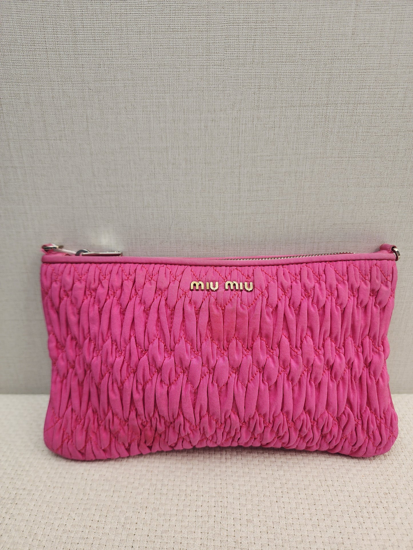 Miu Miu Pink Nylon Matelasse Crystal Chain Crossbody Bag