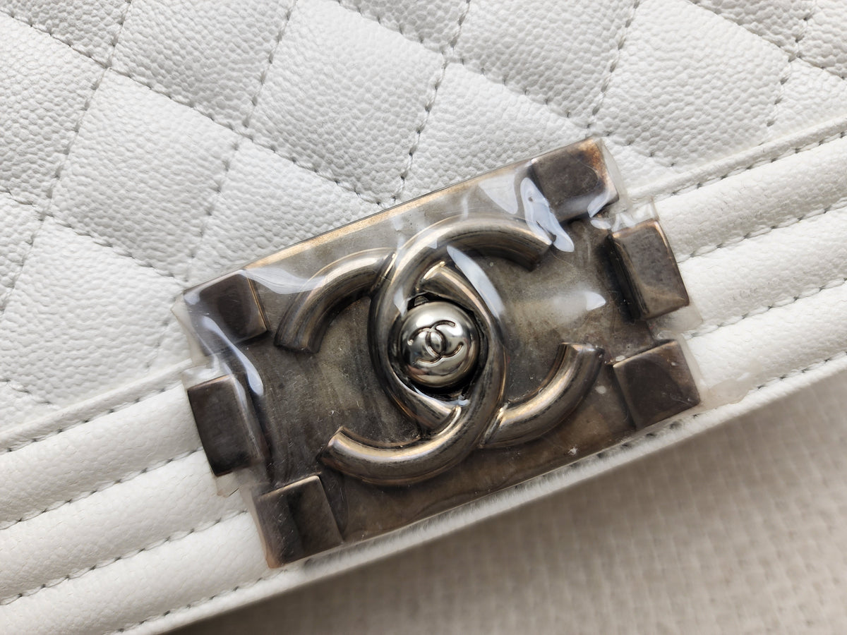 Chanel White Caviar Small Boy Flap Bag (RHW)