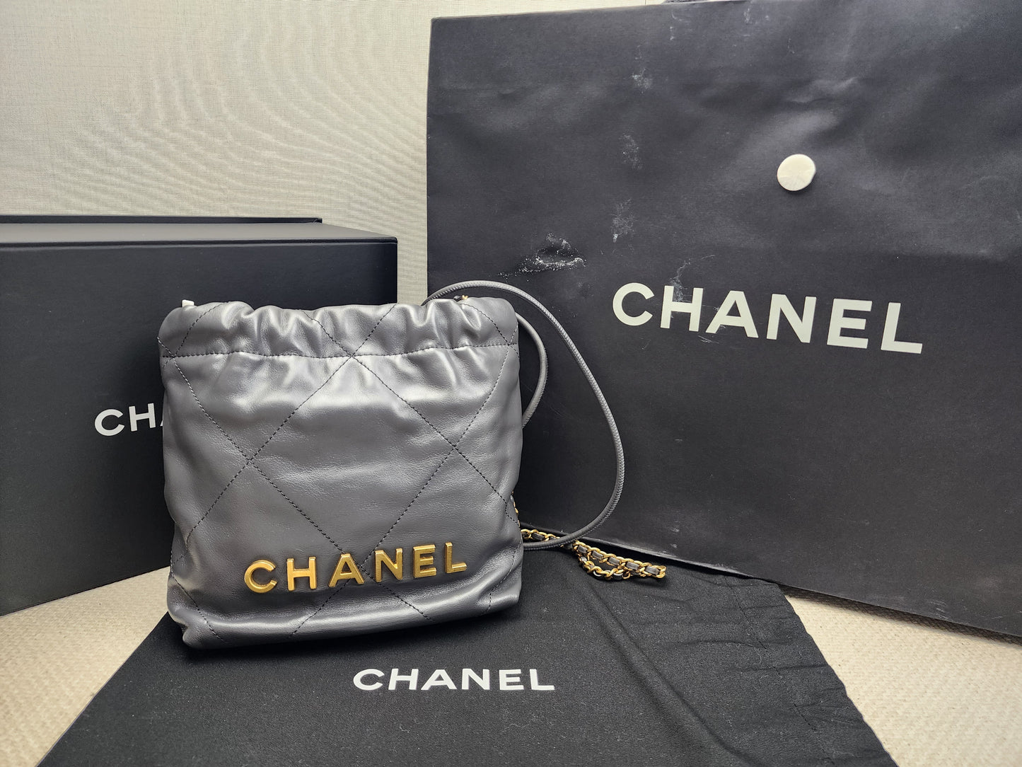 Chanel Dark Grey Calfskin Mini 22 (GHW)