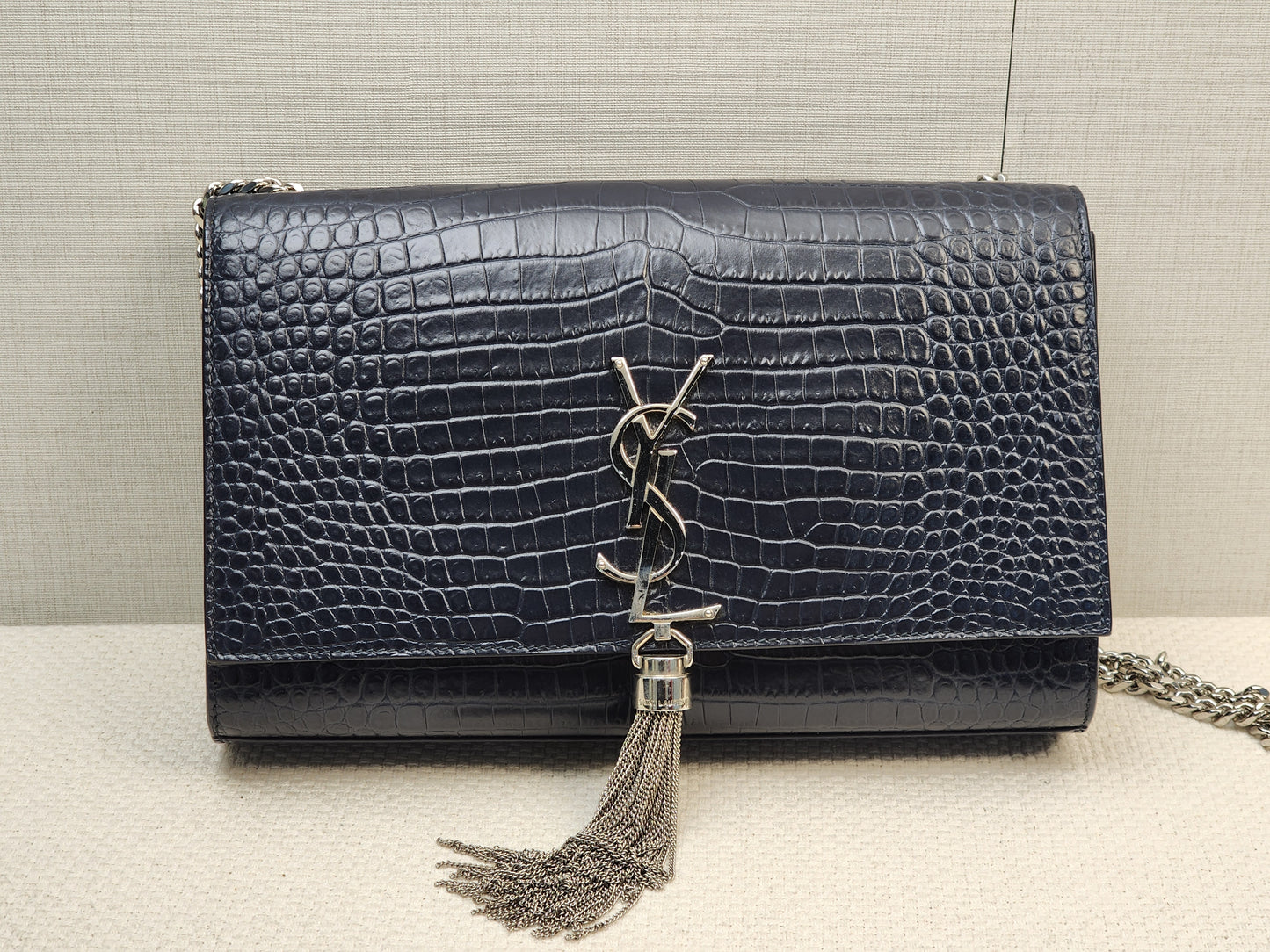 YSL Navy Medium Croc Embossed Kate w Tassel (SHW)