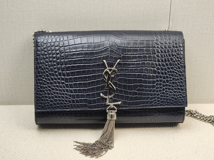 YSL Navy Medium Croc Embossed Kate w Tassel (SHW)