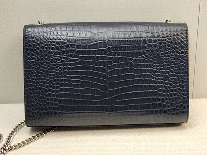YSL Navy Medium Croc Embossed Kate w Tassel (SHW)