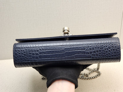 YSL Navy Medium Croc Embossed Kate w Tassel (SHW)