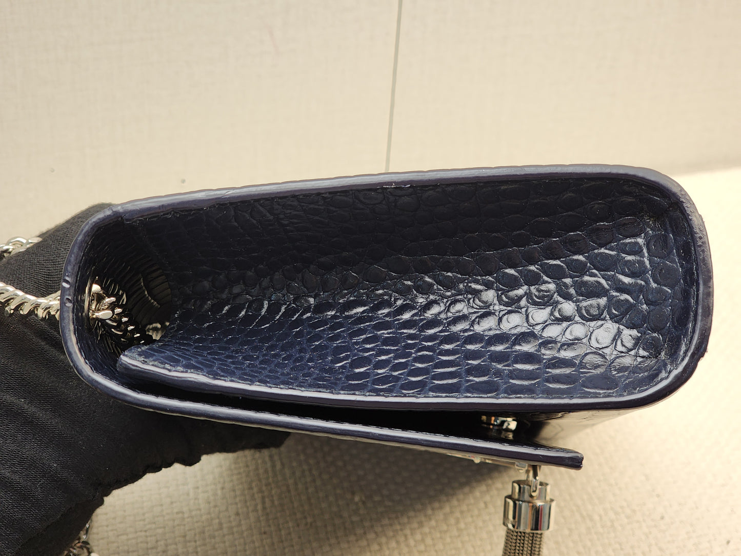 YSL Navy Medium Croc Embossed Kate w Tassel (SHW)
