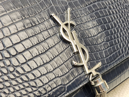 YSL Navy Medium Croc Embossed Kate w Tassel (SHW)