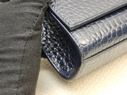 YSL Navy Medium Croc Embossed Kate w Tassel (SHW)