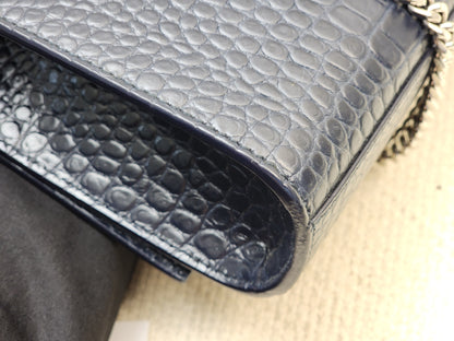 YSL Navy Medium Croc Embossed Kate w Tassel (SHW)