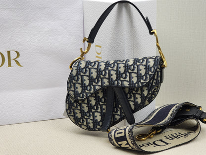 Dior Navy Oblique Mini Saddle with Strap (GHW)