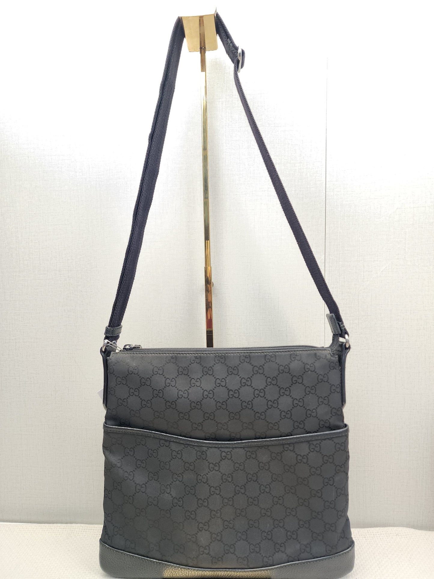 Gucci Black GG Monogram Nylon Flat Messenger Bag