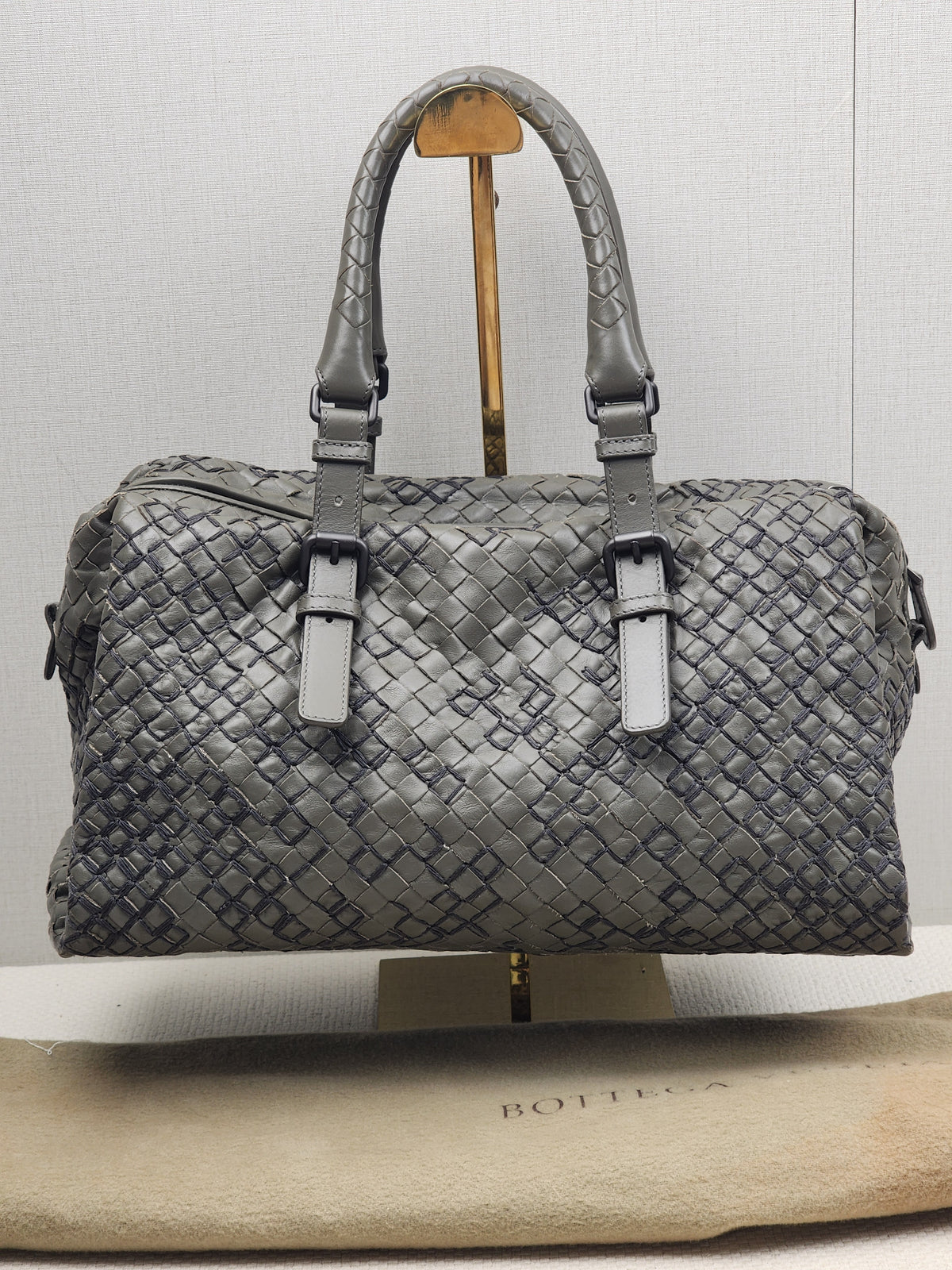 BV Khaki Intrecciato Boston Bag