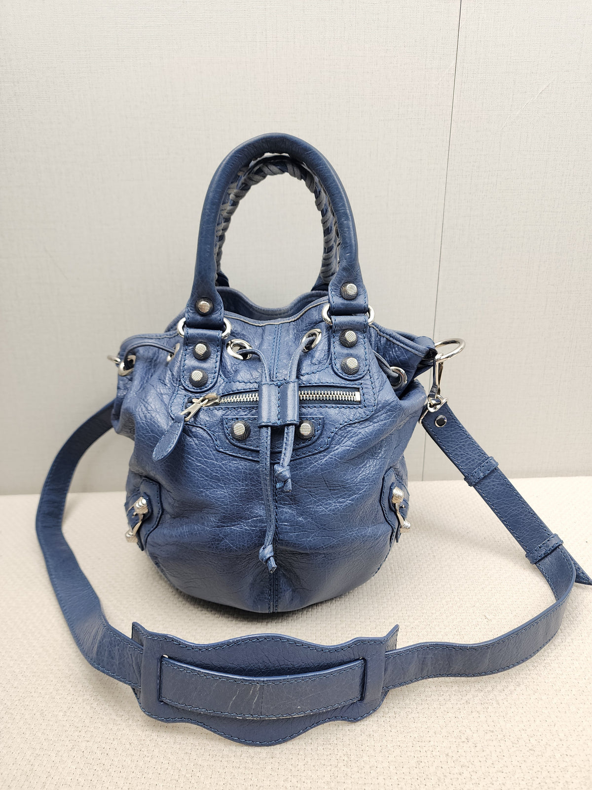 Balenciaga Blue Agneau PomPon Bucket