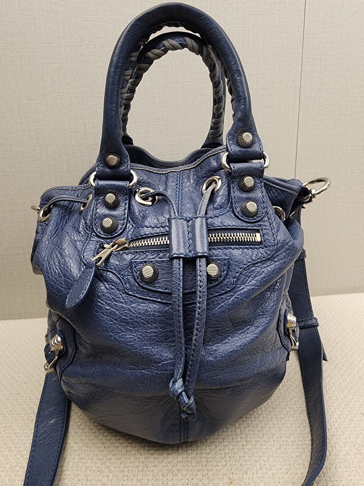 Balenciaga Blue Agneau PomPon Bucket