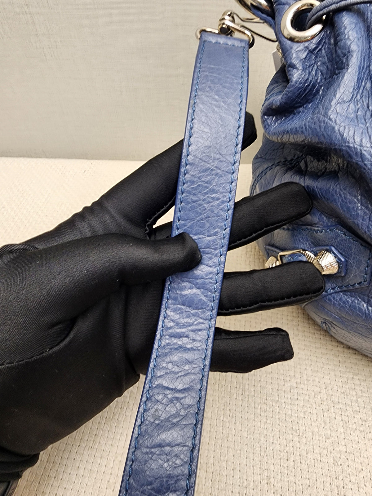 Balenciaga Blue Agneau PomPon Bucket