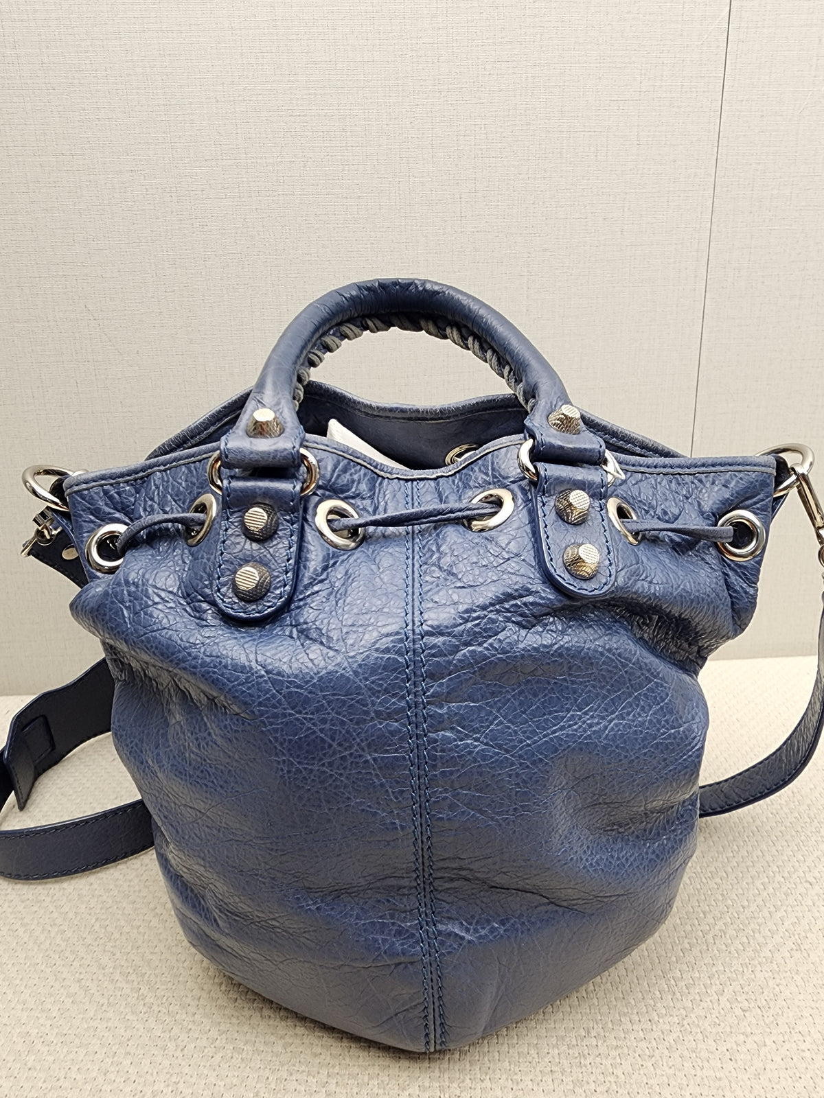 Balenciaga Blue Agneau PomPon Bucket