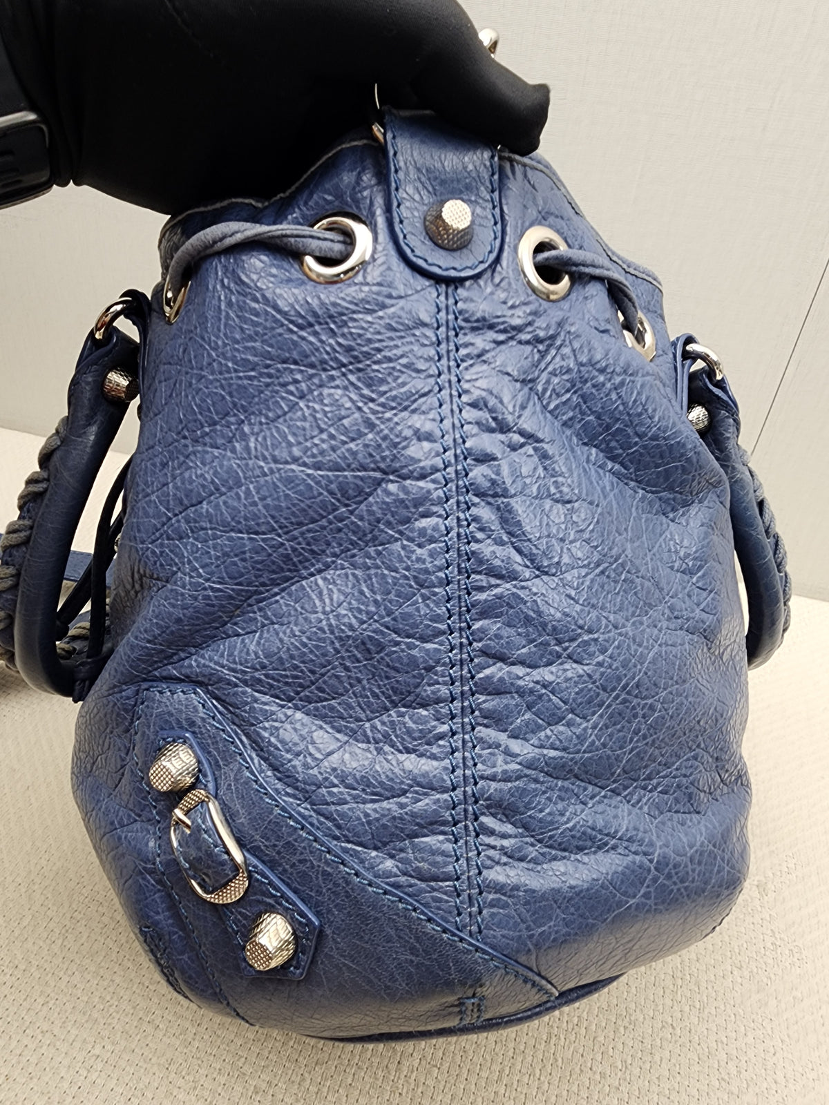 Balenciaga Blue Agneau PomPon Bucket