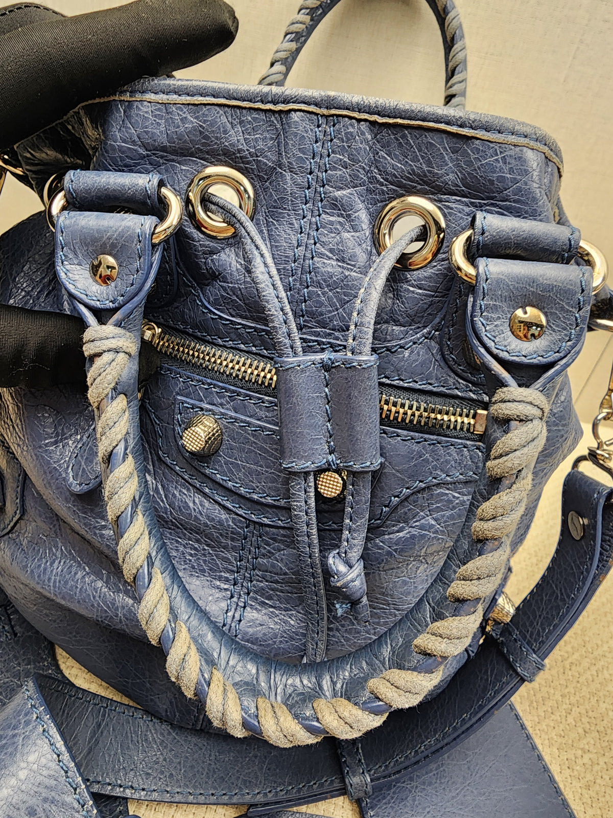 Balenciaga Blue Agneau PomPon Bucket