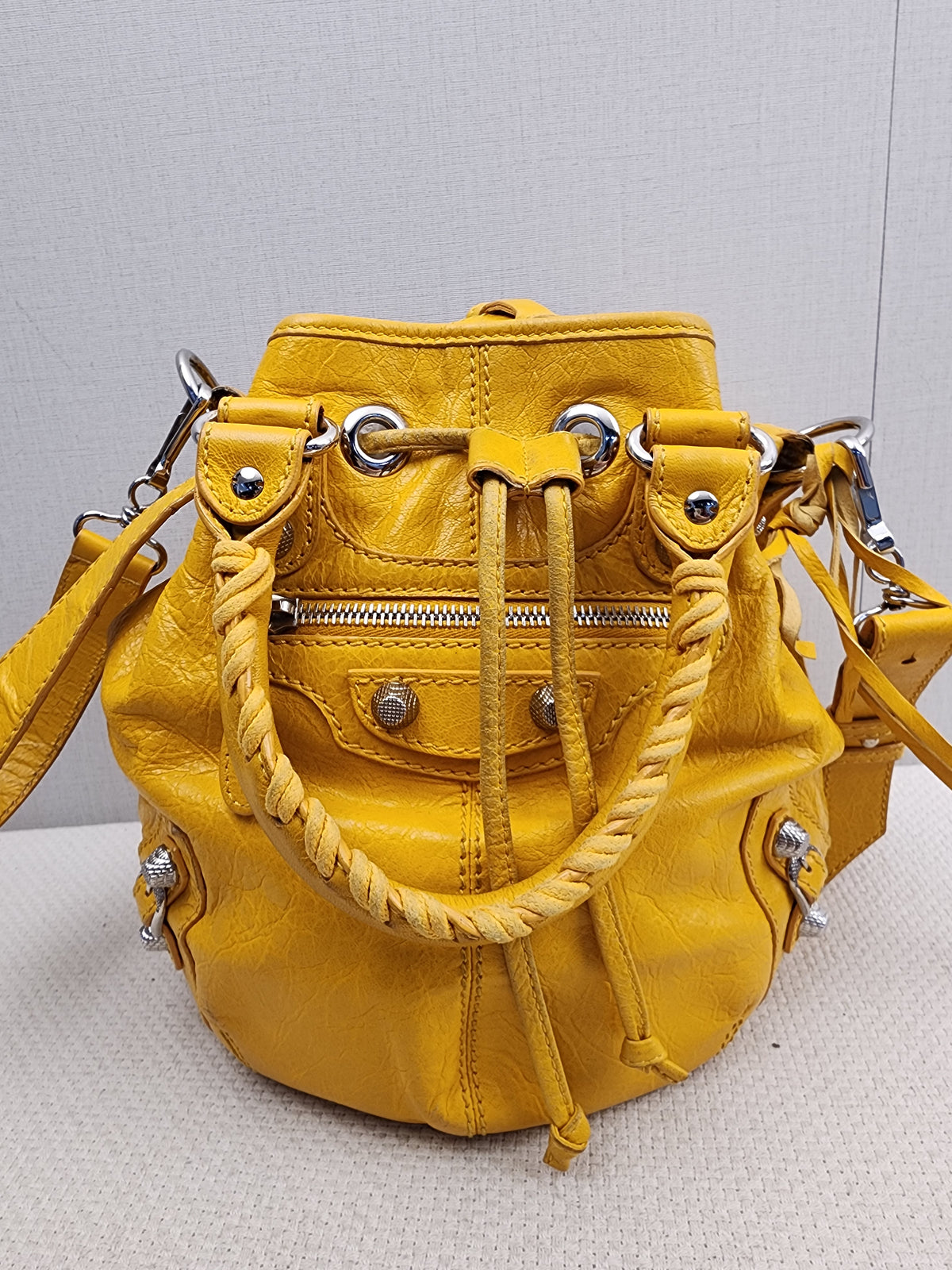 Balenciaga Yellow Lambskin Giant Pompon Bucket