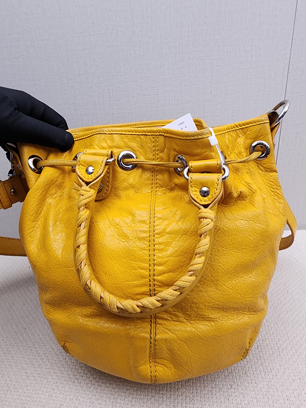 Balenciaga Yellow Lambskin Giant Pompon Bucket