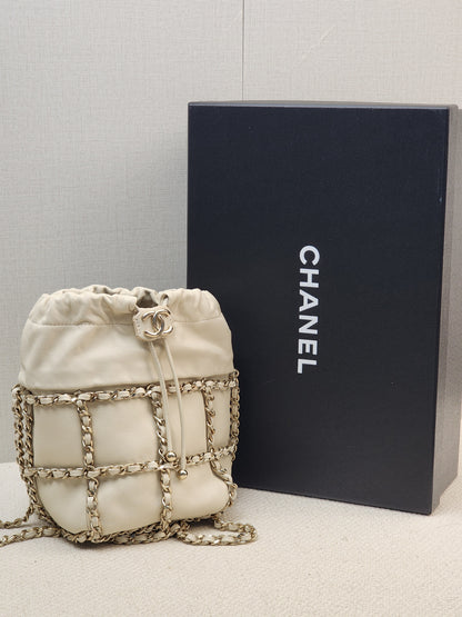 Chanel Ivory Mini Chain Frame Drawstring Bucket Bag