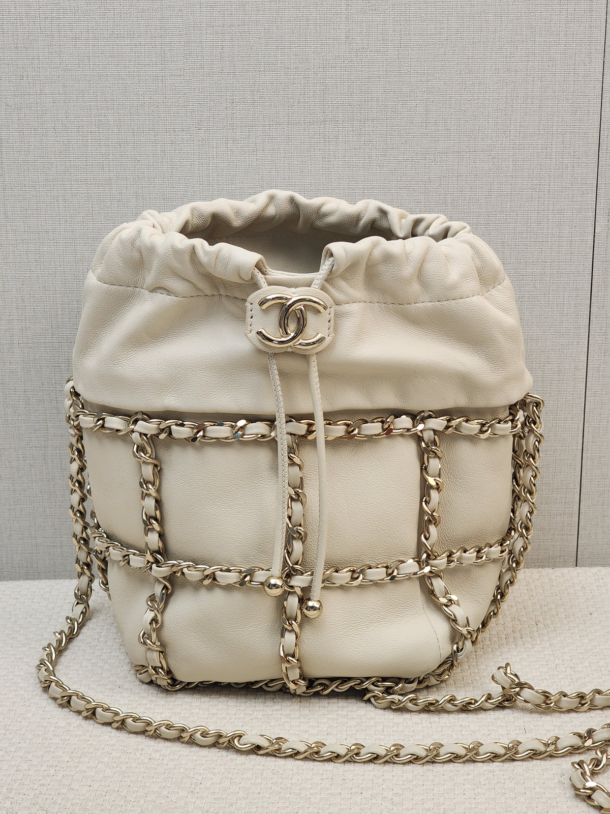 Chanel Ivory Mini Chain Frame Drawstring Bucket Bag