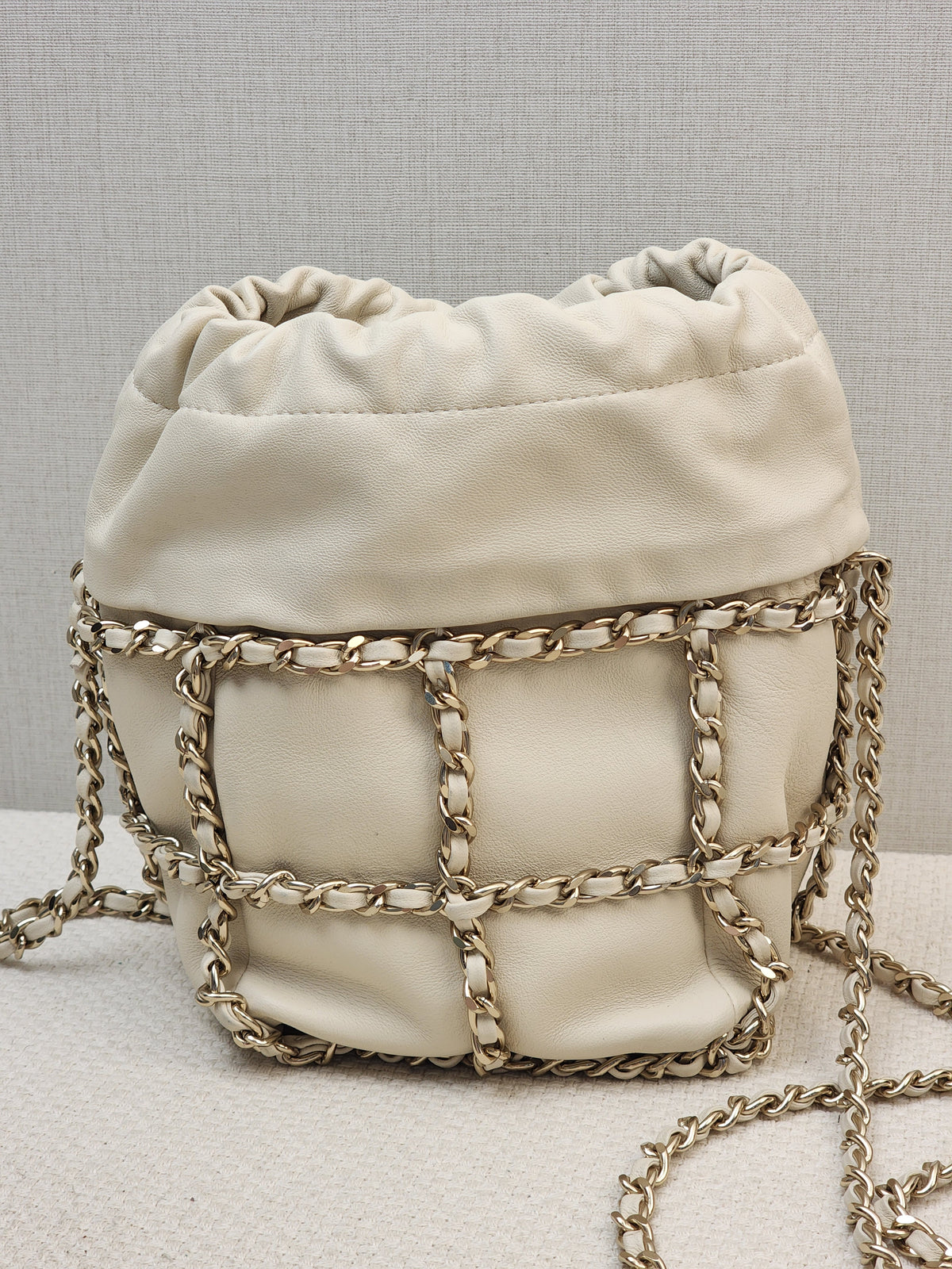 Chanel Ivory Mini Chain Frame Drawstring Bucket Bag