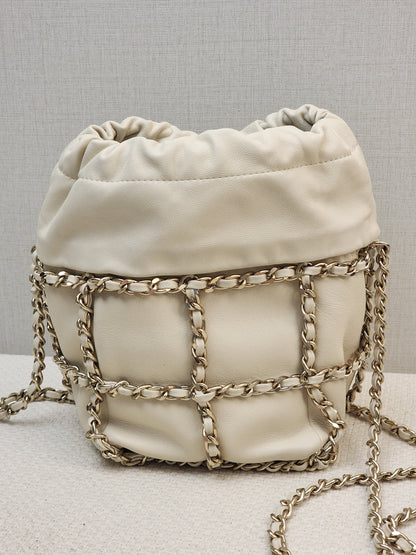 Chanel Ivory Mini Chain Frame Drawstring Bucket Bag
