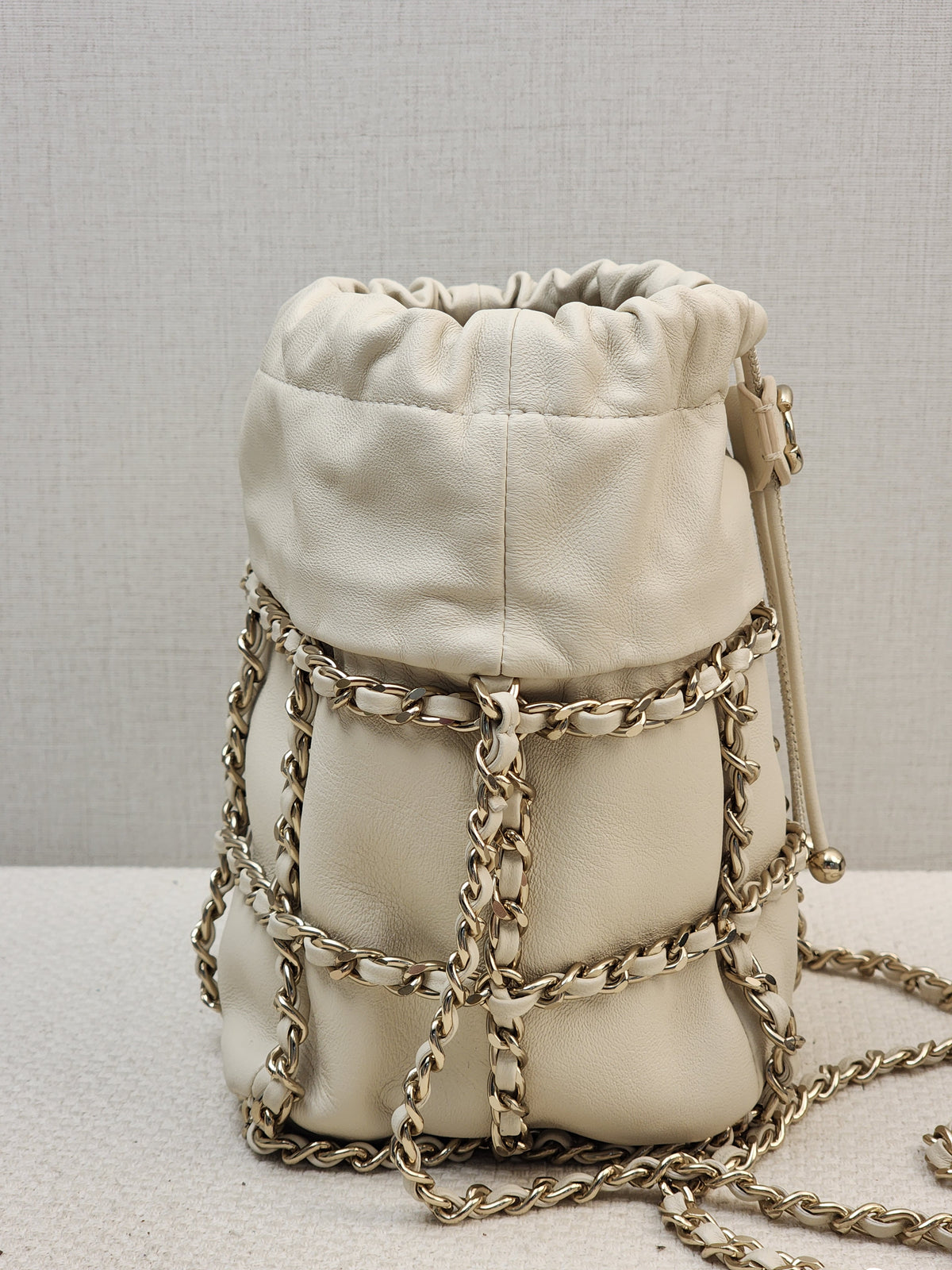 Chanel Ivory Mini Chain Frame Drawstring Bucket Bag
