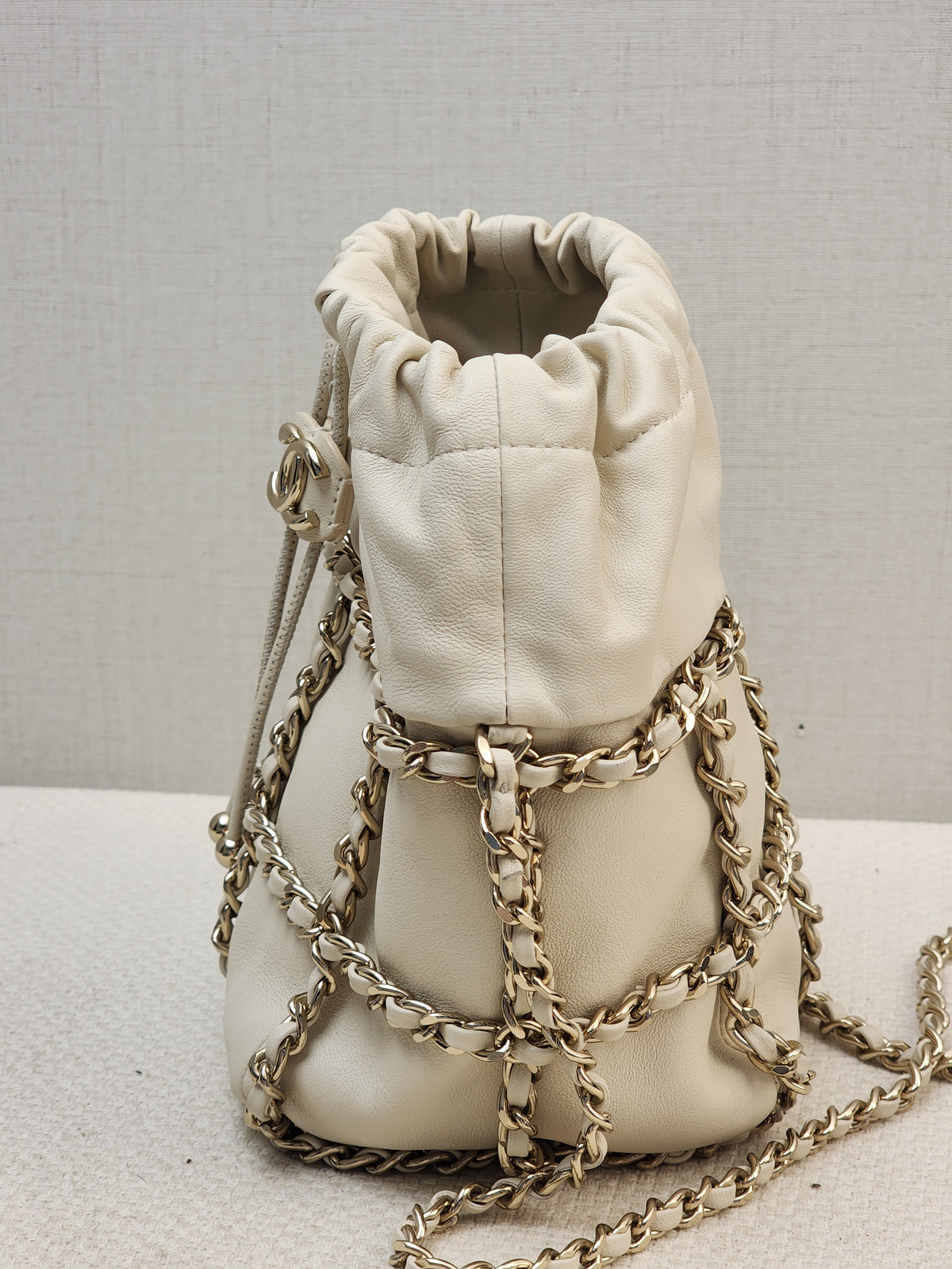Chanel Ivory Mini Chain Frame Drawstring Bucket Bag