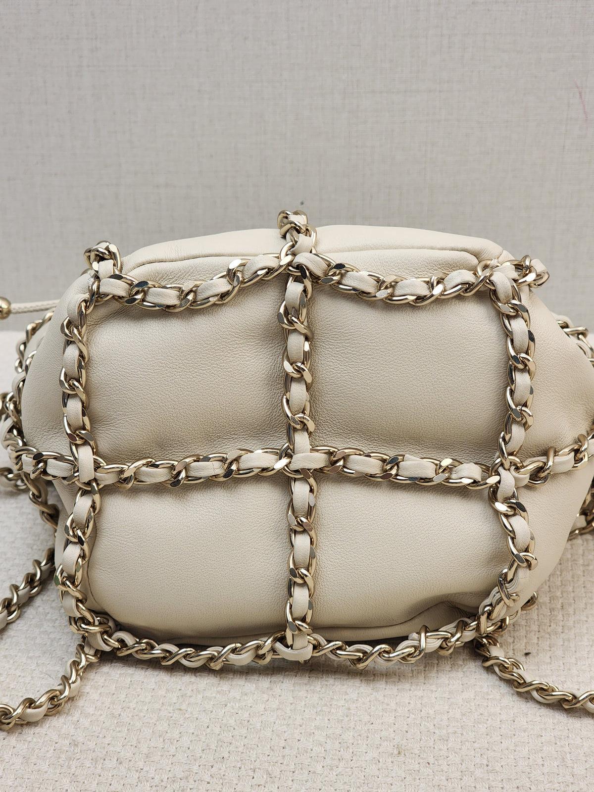 Chanel Ivory Mini Chain Frame Drawstring Bucket Bag