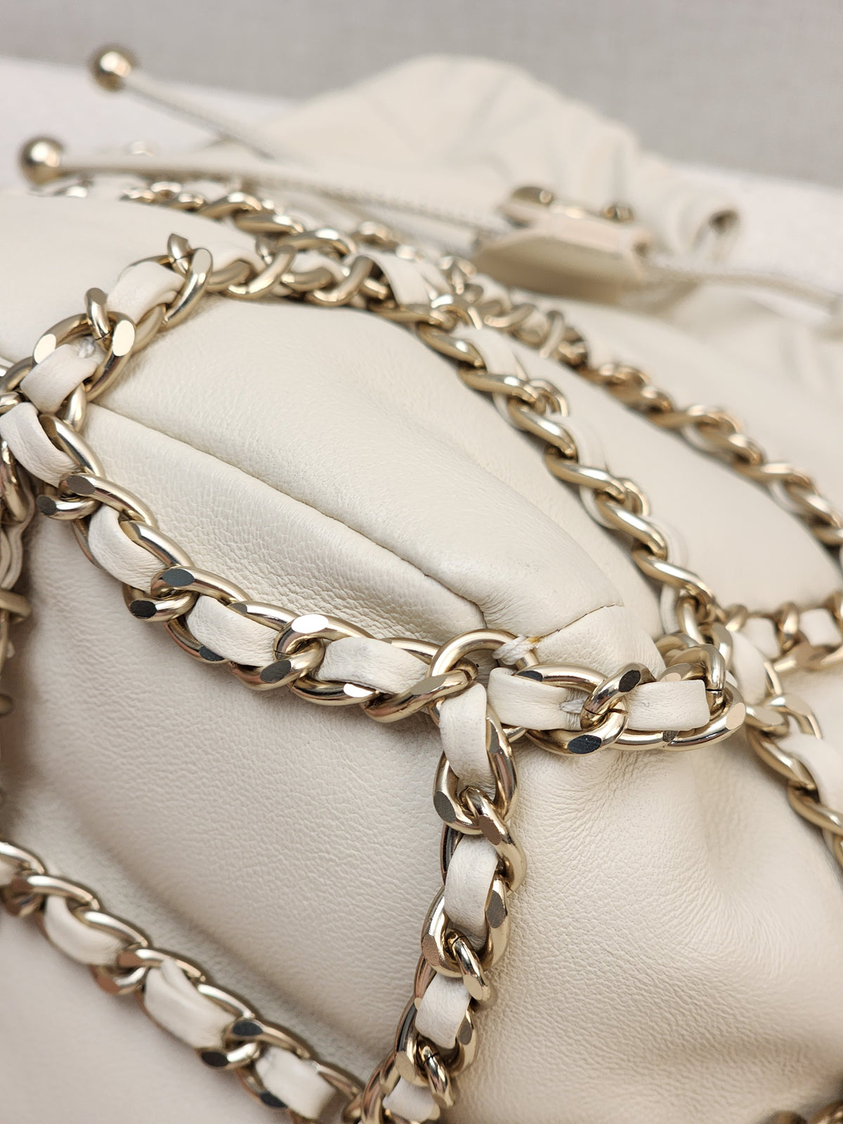 Chanel Ivory Mini Chain Frame Drawstring Bucket Bag