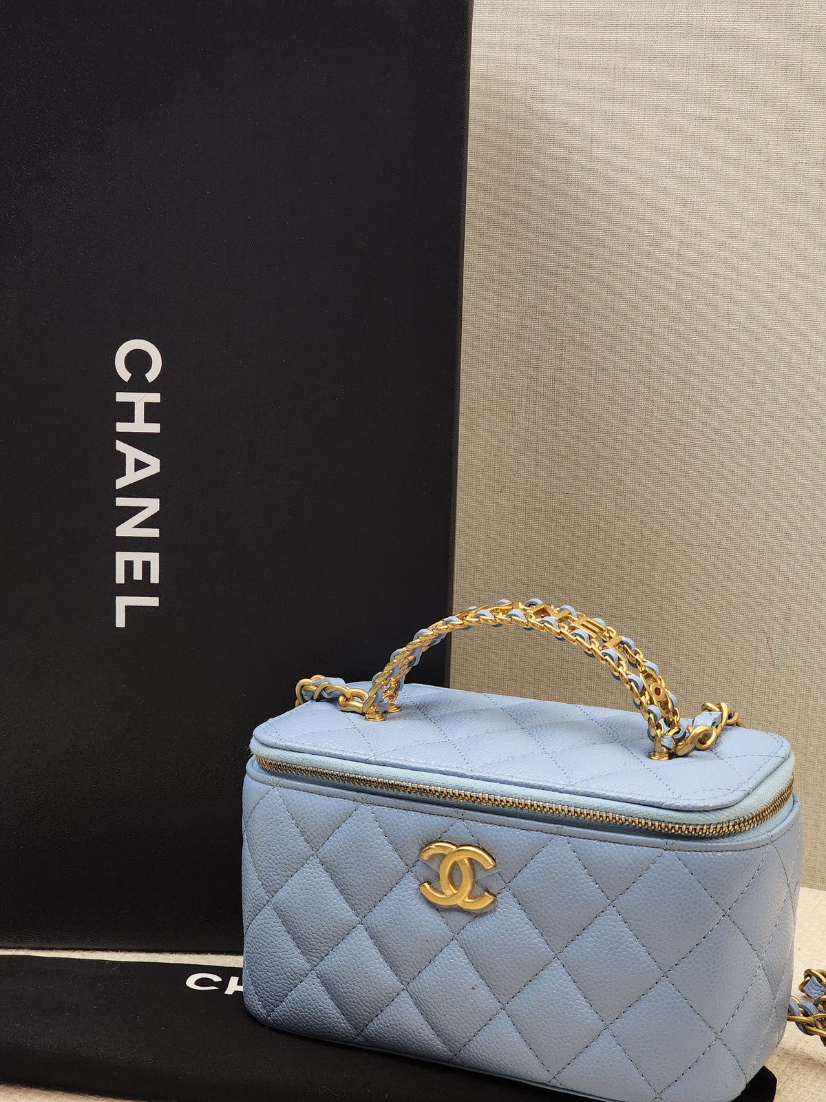 Chanel Light Blue Caviar 22S Vanity Case with Top Handle (GHW)