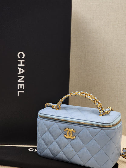 Chanel Light Blue Caviar 22S Vanity Case with Top Handle (GHW)