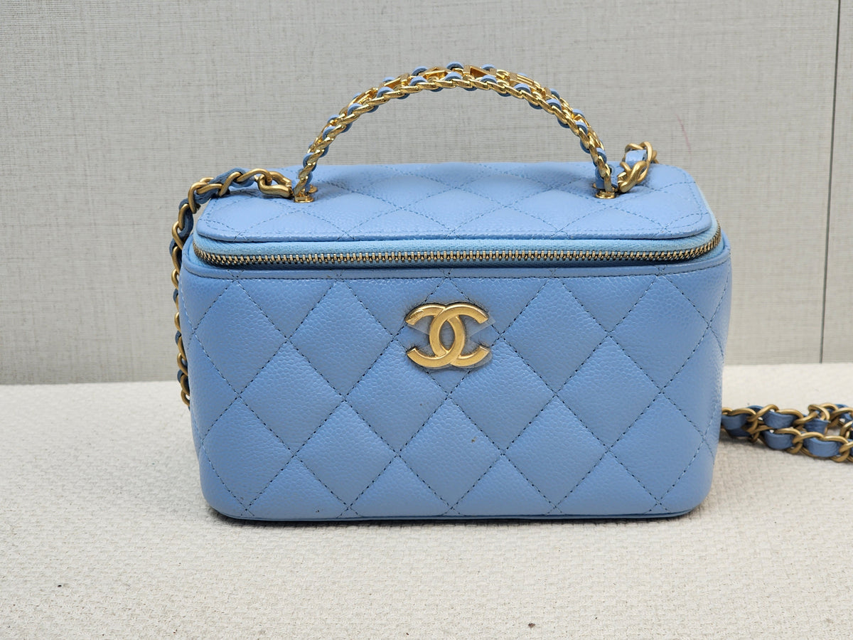 Chanel Light Blue Caviar 22S Vanity Case with Top Handle (GHW)