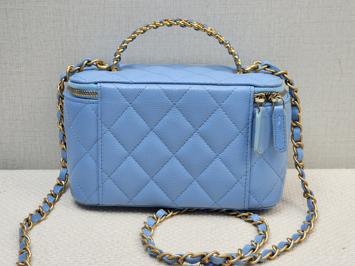 Chanel Light Blue Caviar 22S Vanity Case with Top Handle (GHW)