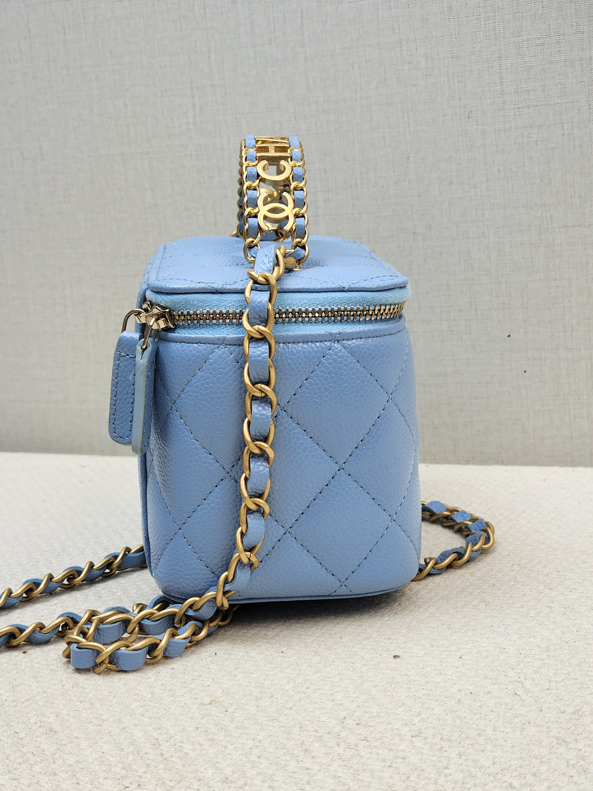 Chanel Light Blue Caviar 22S Vanity Case with Top Handle (GHW)