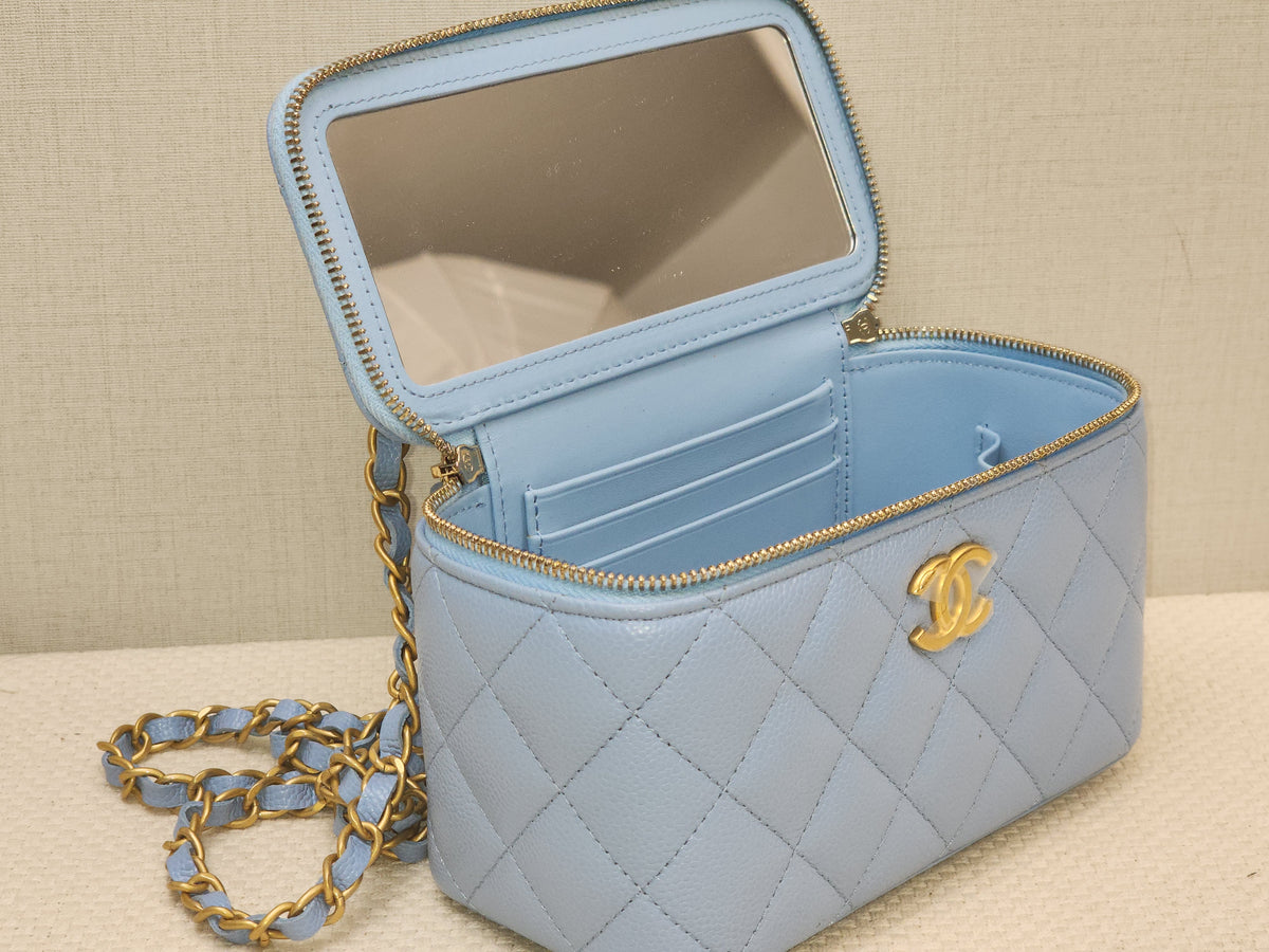 Chanel Light Blue Caviar 22S Vanity Case with Top Handle (GHW)