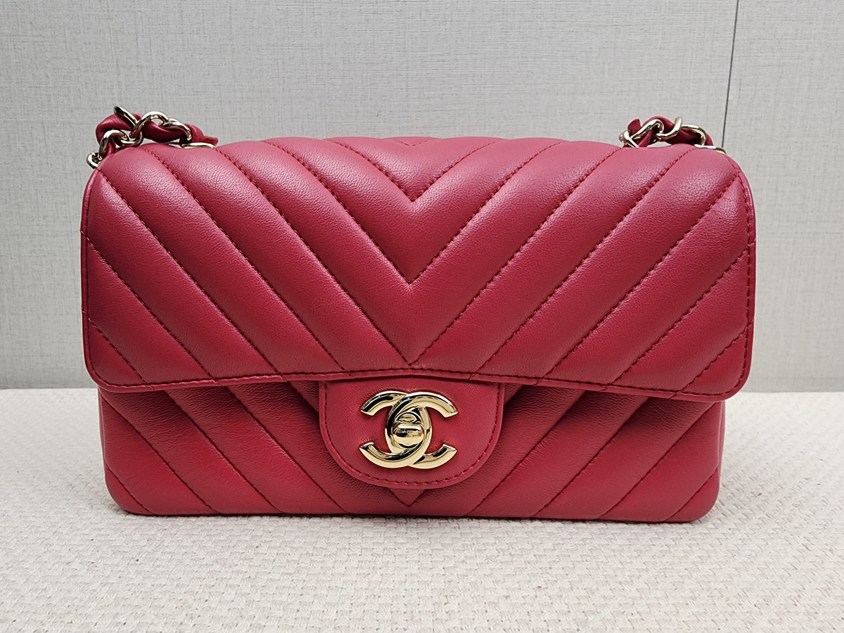 Chanel Pink Lambskin Chevron Classic Mini Rectangular Flap (LGHW)