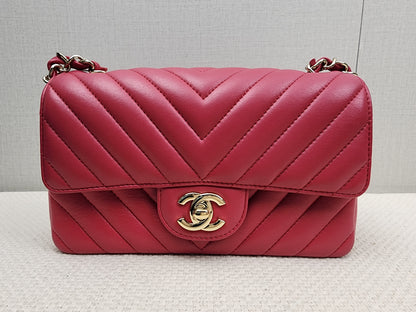 Chanel Pink Lambskin Chevron Classic Mini Rectangular Flap (LGHW)