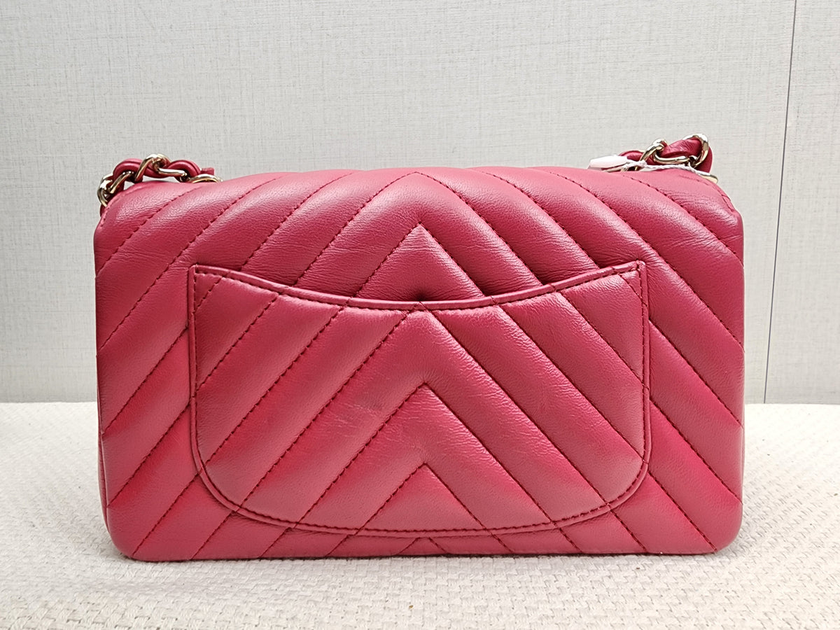 Chanel Pink Lambskin Chevron Classic Mini Rectangular Flap (LGHW)