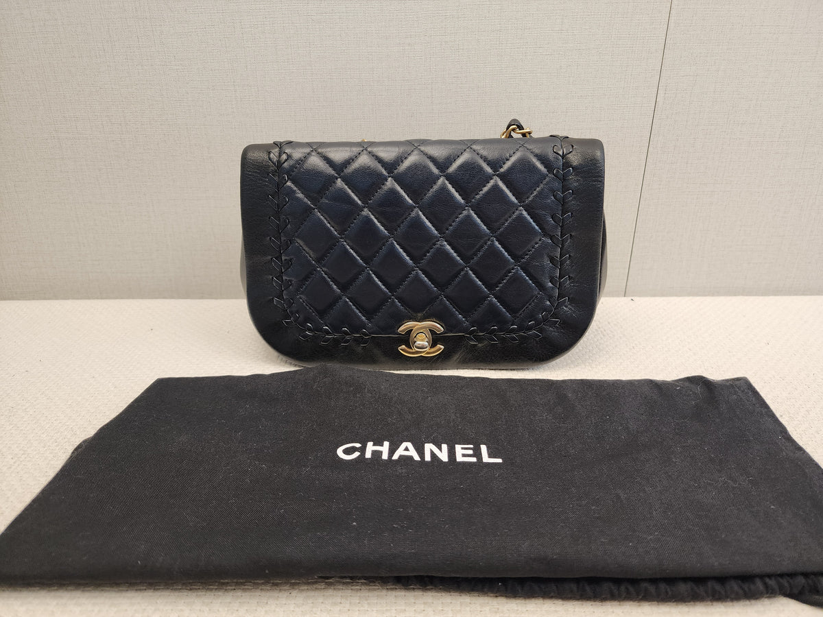 Chanel Black x Navy Lambskin Braided Saddle Flap (GHW)