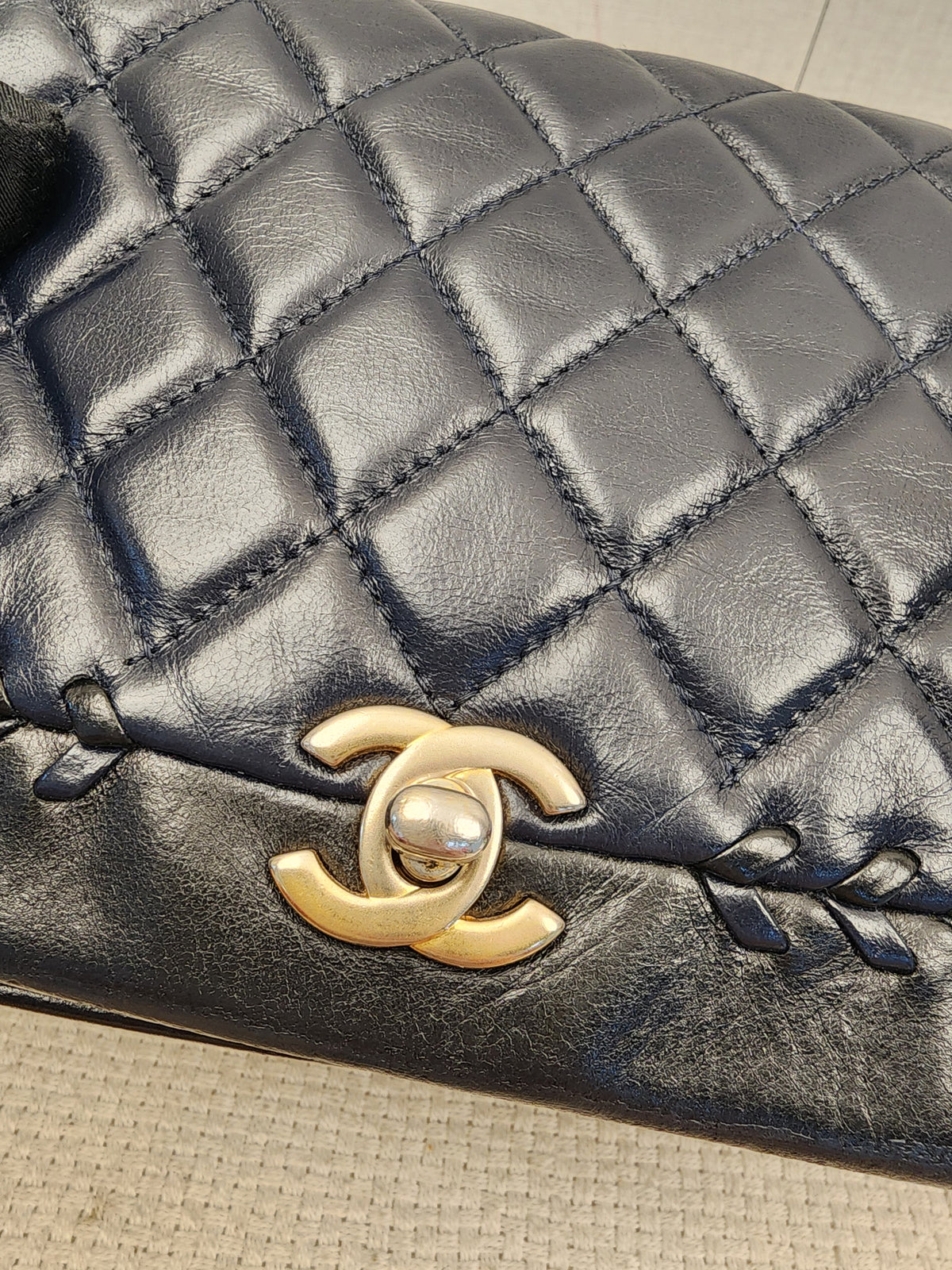 Chanel Black x Navy Lambskin Braided Saddle Flap (GHW)