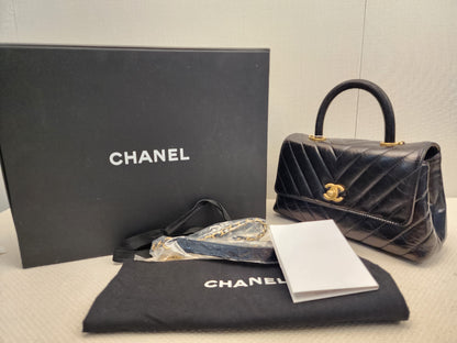 Chanel Black Aged Calfskin Chevron Small Coco Handle with Lizard Handle (BGHW)