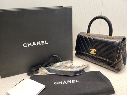 Chanel Black Aged Calfskin Chevron Small Coco Handle with Lizard Handle (BGHW)