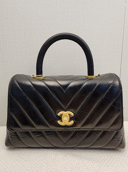 Chanel Black Aged Calfskin Chevron Small Coco Handle with Lizard Handle (BGHW)