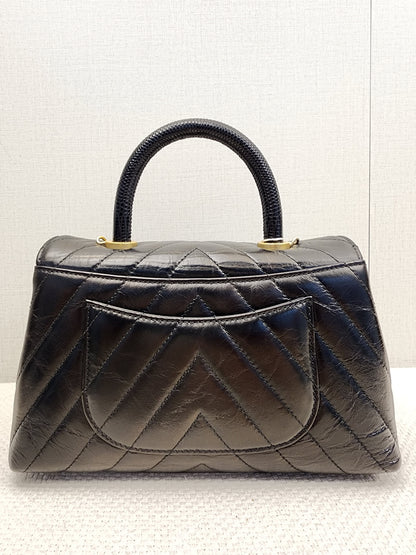 Chanel Black Aged Calfskin Chevron Small Coco Handle with Lizard Handle (BGHW)