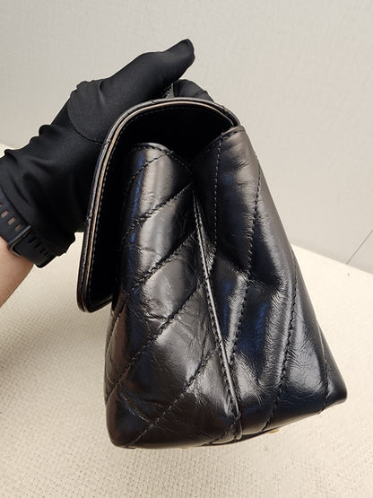Chanel Black Aged Calfskin Chevron Small Coco Handle with Lizard Handle (BGHW)