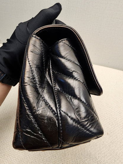 Chanel Black Aged Calfskin Chevron Small Coco Handle with Lizard Handle (BGHW)